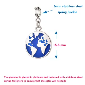 Detailed view of blue enamel globe pendant with 6mm stainless steel spring buckle