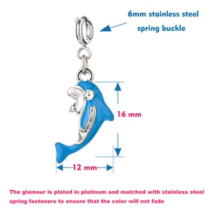 Detail view of a blue dolphin charm with 16mm x 12mm dimensions and 6mm buckle.