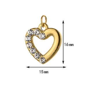 Detailed view of a gold-plated heart pendant with rhinestones showing 16mm x 15mm dimensions