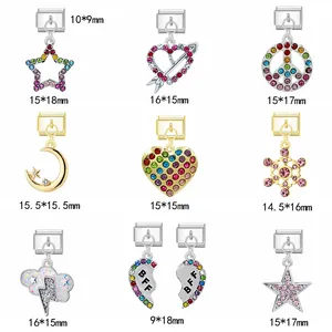 A detailed grid showing various colorful rhinestone heart and star DIY bracelet charms.