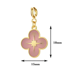 Detailed dimension view of pink enamel clover pendant charm with gold star design