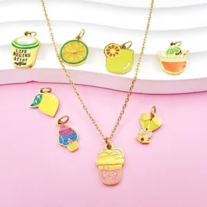 Detailed view of colorful stainless steel fruit and beverage charms for DIY jewelry