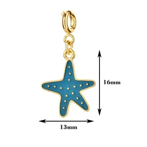 Detailed size view of blue enamel starfish DIY charm pendant with 18K gold plating