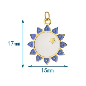Detailed close-up view of a stainless steel tarot sun pendant showing 17mm by 15mm dimensions