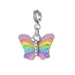 Colorful rainbow butterfly alloy charm pendant with rhinestones for DIY bracelets.