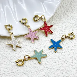 Colorful enamel starfish charms with 18K gold-plated spring rings for DIY jewelry.