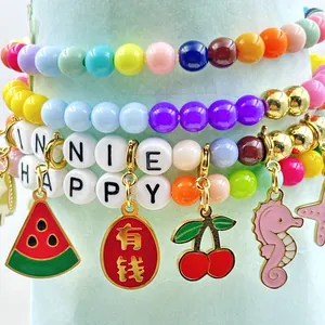 Handmade colorful beaded bracelet with cute enamel fruit and animal charms for girls
