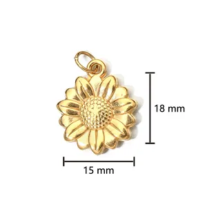 Detailed view of 18K gold plated stainless steel sunflower pendant, 18mm x 15mm