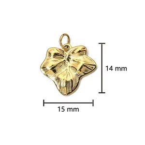 Detail view of 18K gold plated leaf pendant with 14mm by 15mm measurement annotations