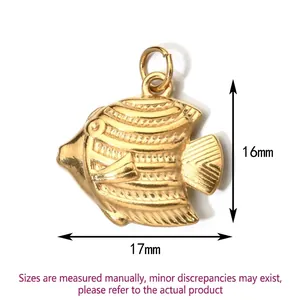 Close-up detail of a gold-colored stainless steel fish pendant showing 16mm by 17mm dimensions