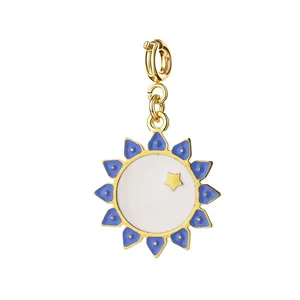 Gold stainless steel sun charm pendant with blue enamel and star for DIY jewelry