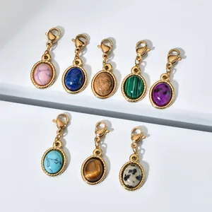 Pendentifs vintage en pierre naturelle ovale avec fermoirs mousquetons en acier doré 18K