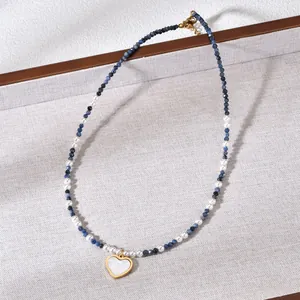 Detailed view of beaded necklace with blue crystal beads and a heart-shaped pendant.