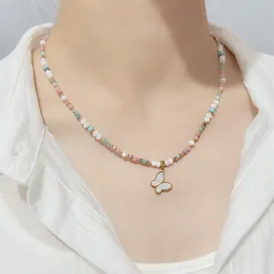 Handmade elegant colorful beaded necklace featuring a white butterfly pendant for women