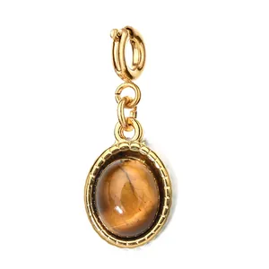 Pendentif vintage en acier inoxydable or 18 carats avec pierre oeil de tigre ovale