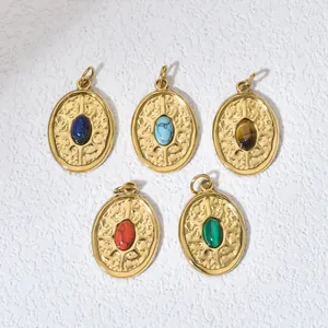 Set of five gold-plated stainless steel oval pendants with colorful natural stones.
