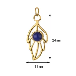 Detailed view of the gold stainless steel leaf pendant with blue stone, 24mm x 11mm
