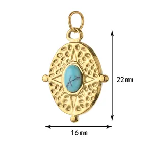 Close-up of gold oval pendant with turquoise stone showing dimensions 22mm by 16mm