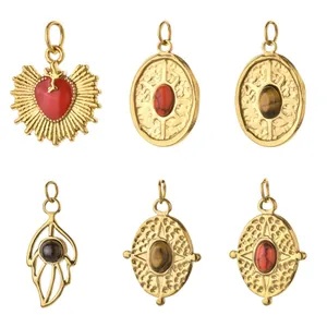 Vintage Stainless Steel 18K Gold Plated Natural Stone Heart Leaf Oval DIY Pendant For Necklace Making Jewelry Accessories