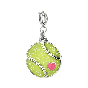 Sparkling lime green softball pendant with pink heart for DIY jewelry and necklaces