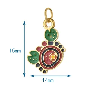 Macro shot of stainless steel ocean-themed charm showing 15mm by 14mm size measurements.