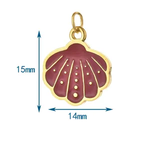Detailed view of a burgundy and gold shell charm with 15mm by 14mm size indicators.