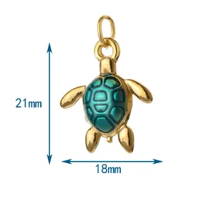 Detailed dimensions of the green and gold stainless steel turtle charm pendant