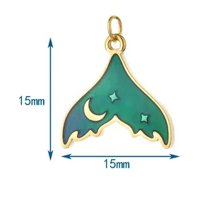 Teal enamel mermaid tail pendant with moon and stars, size 15mm x 15mm for jewelry making