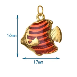 Detailed view of striped fish charm pendant highlighting 16mm by 17mm size dimensions