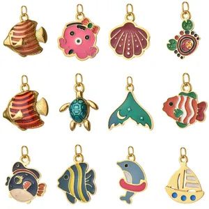 Stainless Steel Marine Animal Charms Dolphin Sea Turtle Sailboat Shell Enamel Pendants For DIY Jewelry Making Crafts Accessories