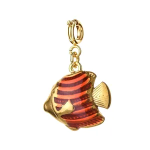 Gold stainless steel tropical fish charm with red enamel stripes for jewelry making