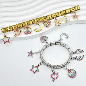 Detail of DIY charm bracelets with colorful rhinestones in heart and star shapes.