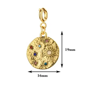 Vintage gold plated stainless steel sun star and moon charm with colorful rhinestones