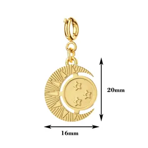 Detailed view of gold vintage sun and moon pendant with 16mm by 20mm measurements