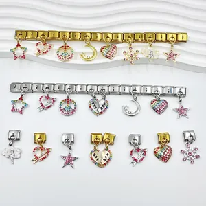 DIY modular Italian charm bracelet with colorful crystal heart and star pendant links