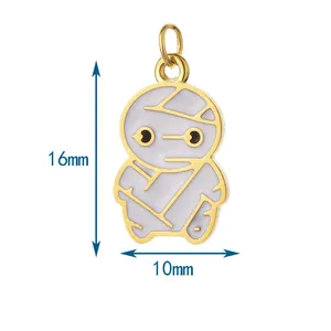 Gedetailleerde weergave van afmetingen van Halloween mummie bedel, 16mm x 10mm