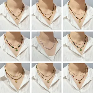 Bohemian layered beaded necklace set with natural stone sun pendants in nine styles