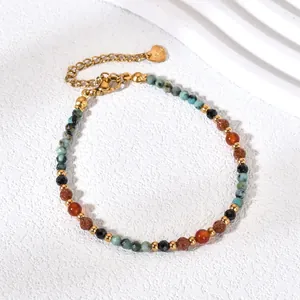 Exquisite colorful natural stone beaded bracelet with gold stainless steel heart tag