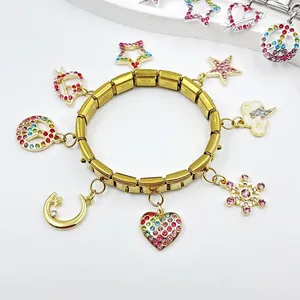 Gold modular charm bracelet with colorful rhinestone heart and star pendants