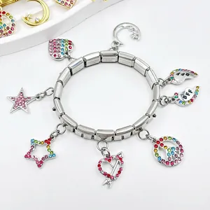 Creative DIY stainless steel modular charm bracelet with colorful star and heart rhinestones