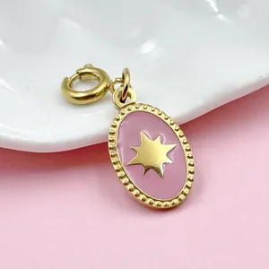 Vintage stainless steel oval charm with pink enamel and gold star for DIY jewelry making