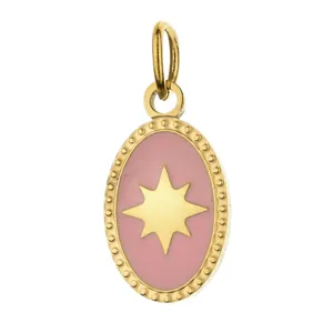Vintage stainless steel oval pendant with pink enamel and gold star design for DIY jewelry