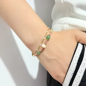 Natural Stone Beaded Bracelet Stainless Steel Adjustable Chain Artificial Pearl Heart Pendant Yoga Bohemian Jewelry For Women