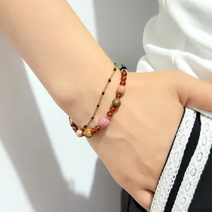 Multicolor natural stone beaded bracelet with delicate gold chain set