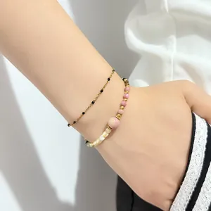 Stacked natural stone beaded agate bracelet and thin gold chain for women yoga style