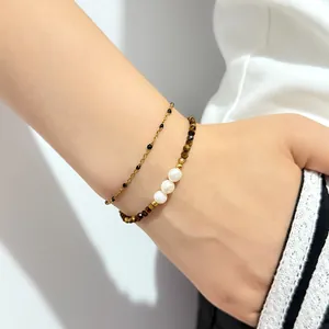 Natural tiger eye and white pearl beaded bracelet set for women's yoga jewelry style