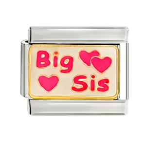 Détail du maillon de breloque en émail 'Big Sis' avec cœur rose pour bracelet modulaire