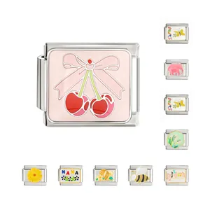 Various 10x9mm stainless steel enamel Italian modular charms featuring cherry and bee designs