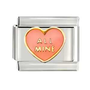 Close-up of a silver stainless steel Italian link charm with a pink heart saying ALL MINE