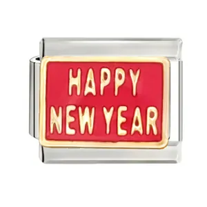 Close-up of stainless steel Italian charm link with Happy New Year red enamel.